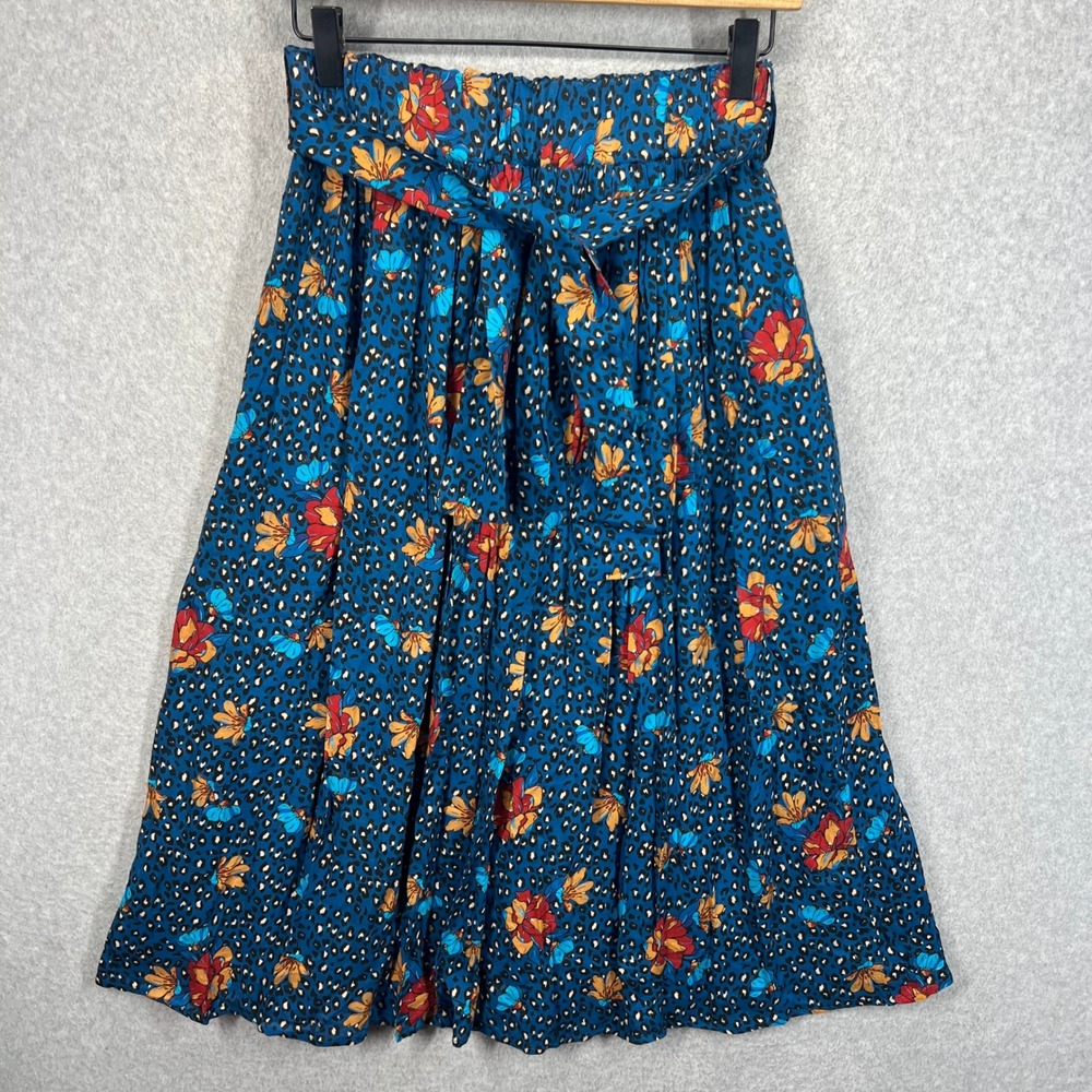 Sezane Midi Skirt Womens 36 Blue Floral Leopard Print Belted Viscose EUC